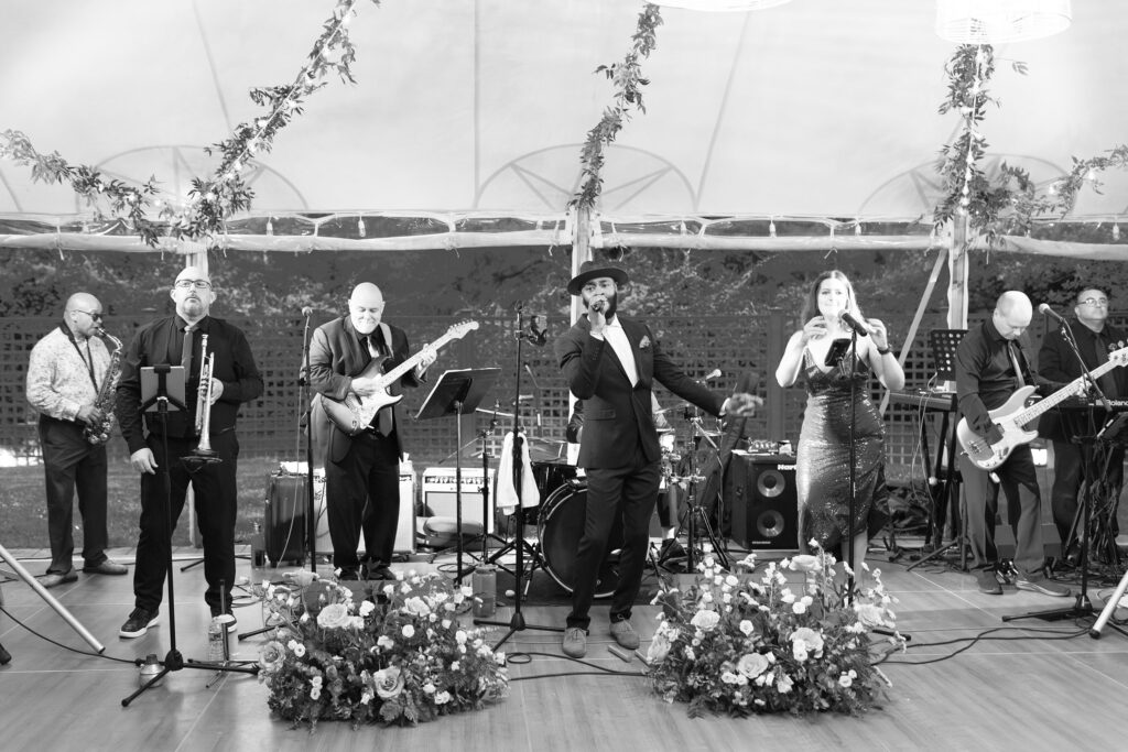 Black and white photo of band playing at Willowdale Estate