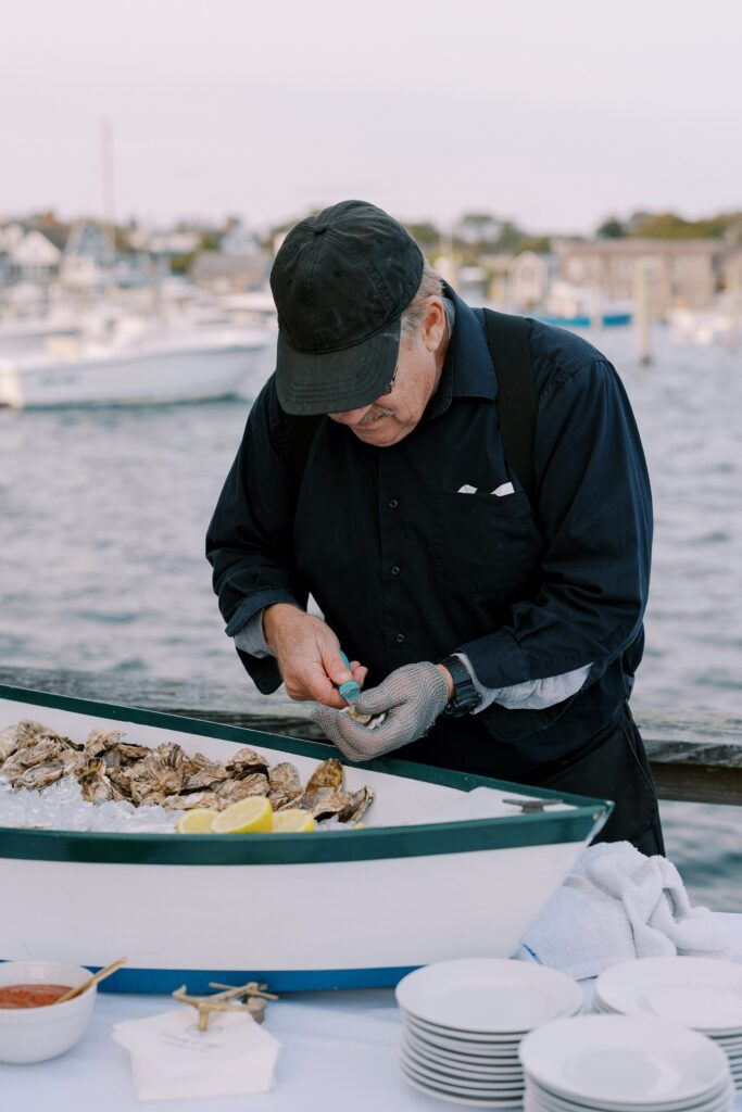 Live oyster shucking for rehearsal dinner at the Edgartown Reading Room 