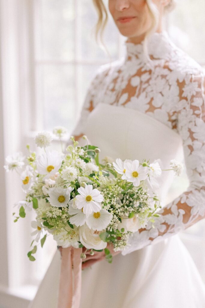 Organic summery all-white bridal bouquet for Martha's Vineyard tented wedding 