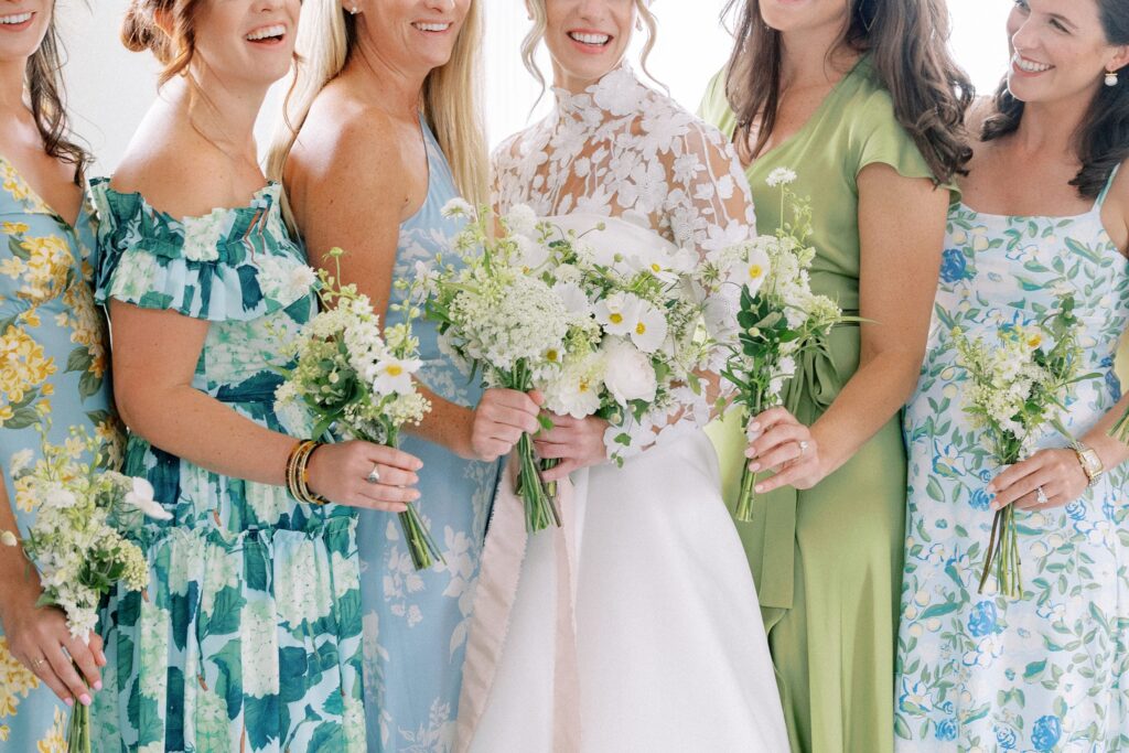 Mismatched bridesmaid dresses for coastal New England summer wedding