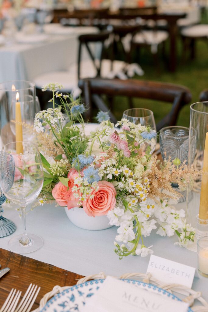 Coastal floral centerpieces for Martha's vineyard wedding with natural and organic feel