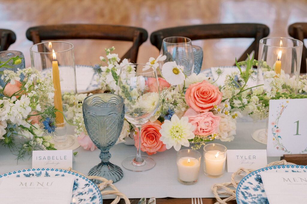 Coastal floral centerpieces for Martha's vineyard wedding with coastal blue and pink color scheme 