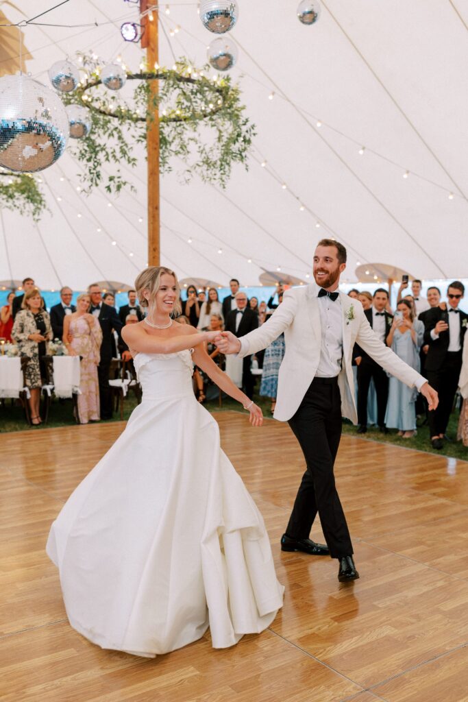 Bride and groom first dance during Martha's Vineyard tented wedding