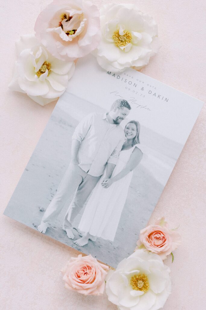 Save the date wedding flat lay photography with real flowers for New England summer wedding