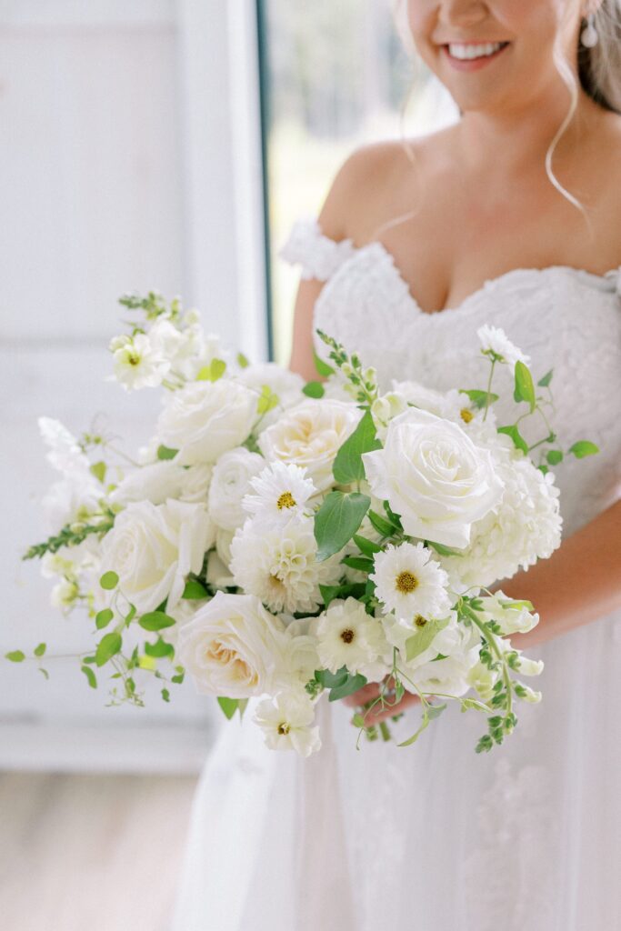 All white bridal bouquet for end of summer New England wedding by Soulflora 