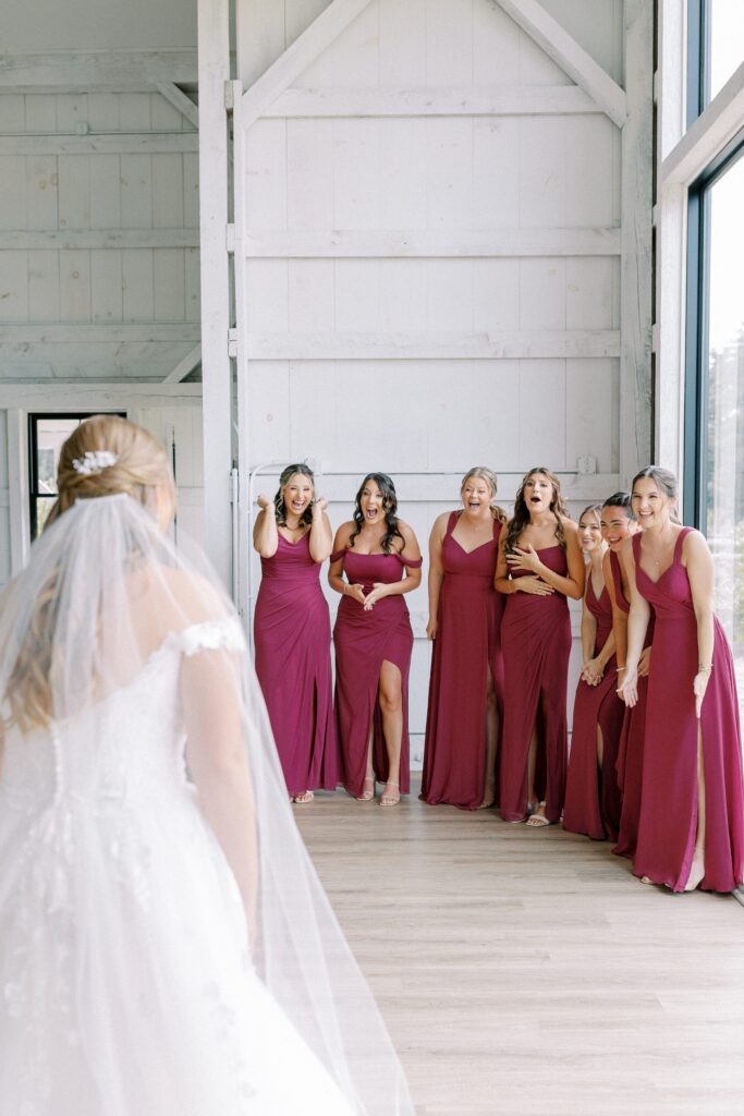 Bridesmaids reaction to seeing bride in her gown at The Greenery at McKenzie's Farm Wedding