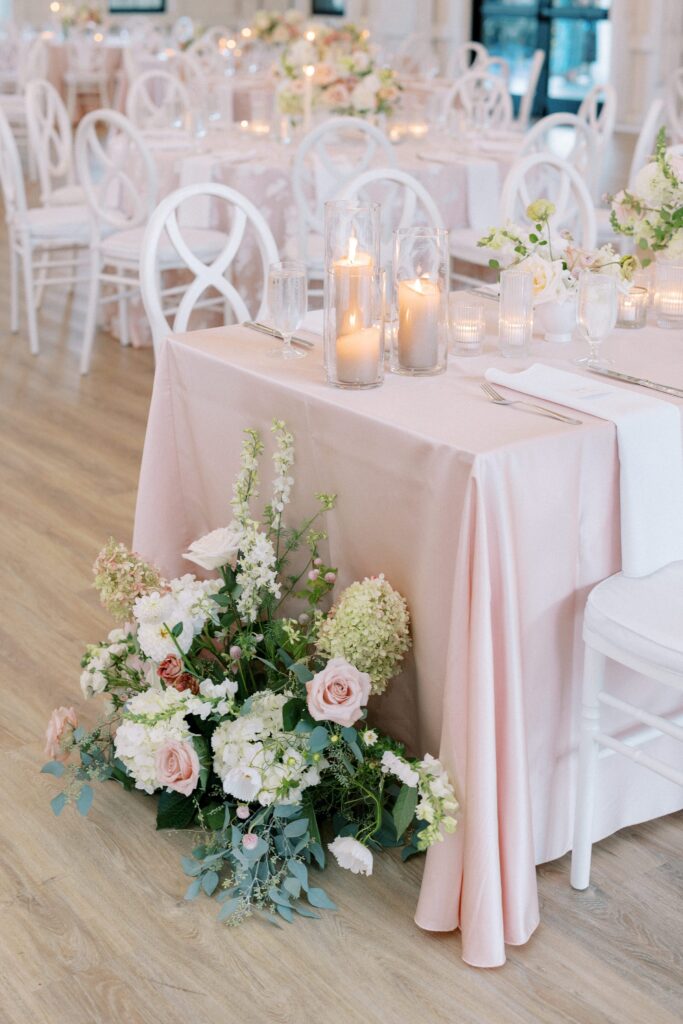 Light pink table decor for The Greenery at McKenzie's Farm Wedding 