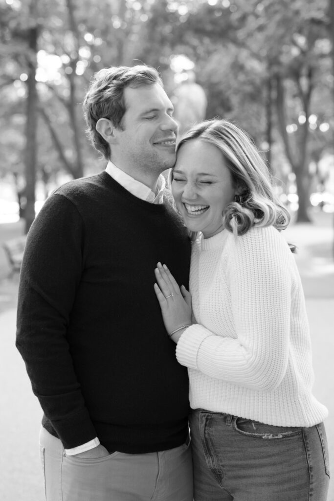Black and white Boston candid engagement photos 